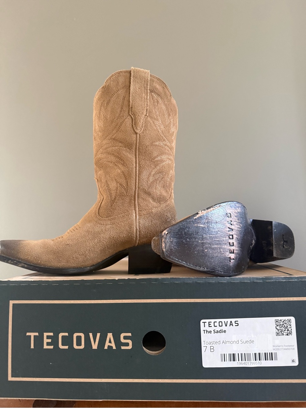 Tecovas Toasted Almond Suede Cowboy Boots - Tan - Picture 1 of 6